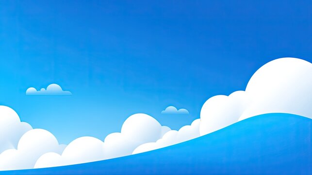 Bright blue sky backdrop featuring stylized white cloud formations along the horizon