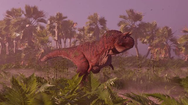 Cinematic 3D animation of a Carnotaurus dinosaur walking on the prehistoric landscape