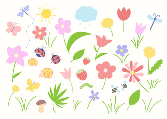 Obraz premium Cute isolated summer nature clipart set with flowers, insects and plants. Colorful flat vector collection perfect for kids design, nursery decor, invitations, stickers and seasonal projects