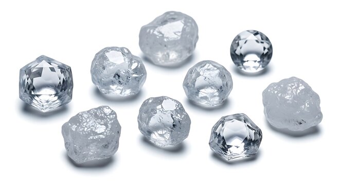 Raw diamonds scattered on a white surface, showcasing their natural beauty and sparkle, ideal for luxury, jewelry, or gemstone related marketing and advertising