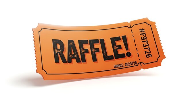 A vivid orange raffle ticket featuring bold black RAFFLE! text and a unique alphanumeric code, ideal for marketing campaigns, event promotions, or contest advertisements.