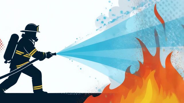 A silhouette of a firefighter stands firm spraying a powerful steady stream of water onto a raging fire in this dynamic and heroic emergency response illustration featuring brave personnel.