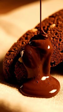 Rich liquid chocolate syrup is drizzled over a dark chocolate biscotti cookie with nuts displaying decadent dessert indulgence and sweet treat enjoyment