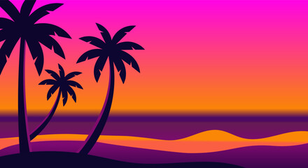 Vibrant tropical sunset with palm trees and ocean waves in retro synthwave style © Volodymyr Hankevych
