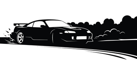 Sport car drifting with smoke trails on road black and white silhouette high quality professional detailed modern elegant stylish clean crisp © Creativekhairul02