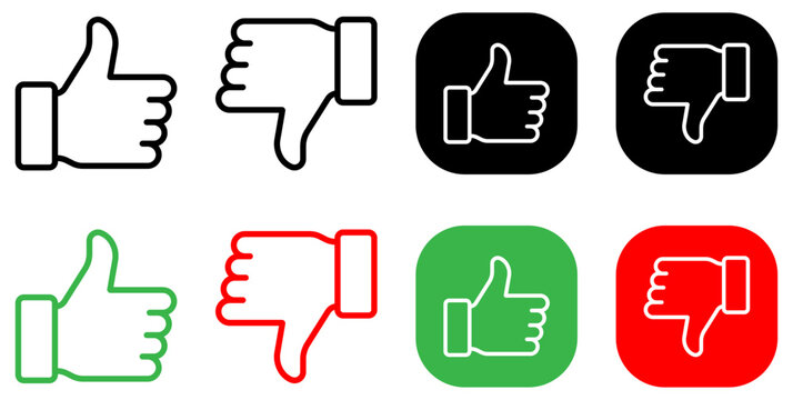 Thumbs up, thumbs down, like, dislike, approve, reject, rating, feedback, vote, review, hand gesture icon set in black, white, green and red button styles for app UI and web use.