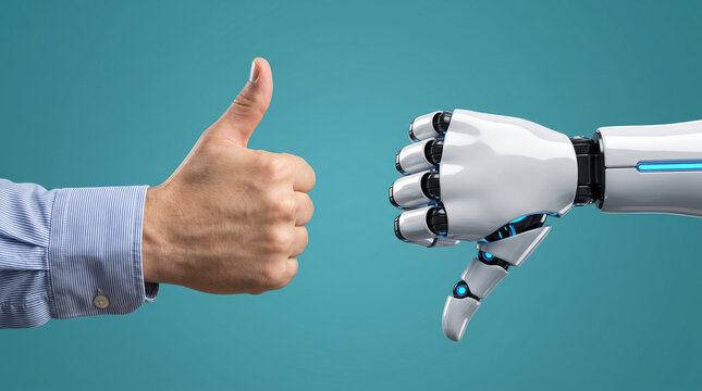 Human thumbs up and robot thumbs down, disagreement between human decision and AI response. 