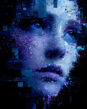 An abstract representation of a person's face made of fragmented glowing pixels and social media symbols, with some parts missing or crumbling.