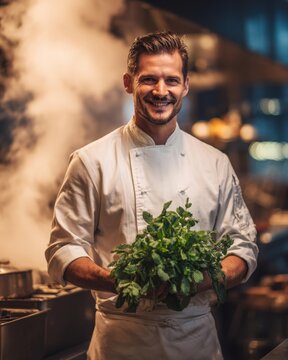 Portrait of a happy chef in a clean white uniform, standing in a modern restaurant kitchen. 