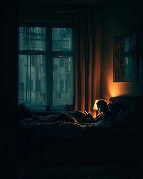 A person lying awake in a large bed in a dimly lit bedroom, holding a glowing smartphone. 