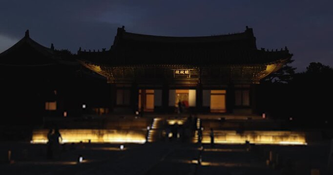 Changgyeonggung Palace night view, Seoul, Jongno District, South Korea, illuminated sunset view, exterior of Korean royal palace with night lights and Secret Garden, palace and halls evening view