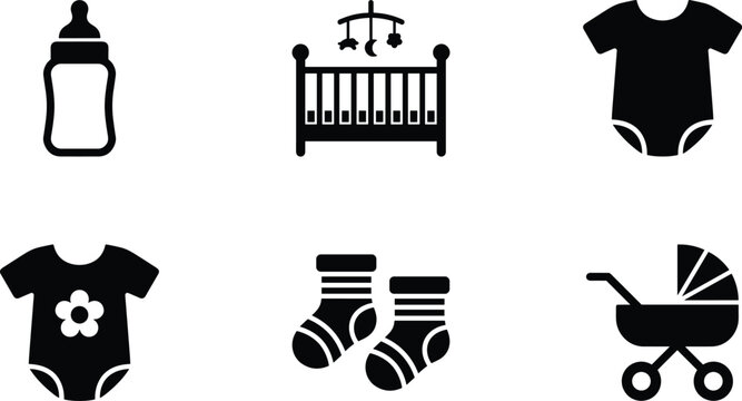 Baby care icons set with crib stroller bottle socks and clothing silhouette vector collection for parenting and childcare design