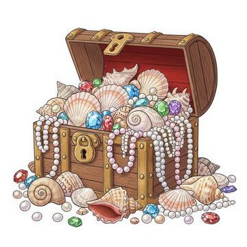 A treasure chest overflowing with jewels and pearls isolated on transparent background, PNG