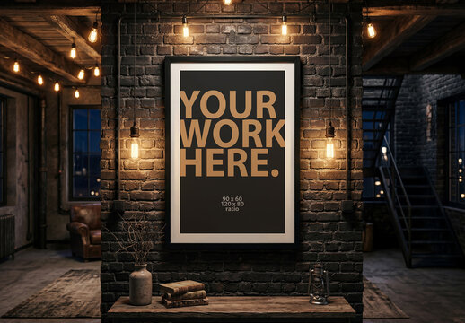 Vertical poster mockup in black wooden frame in dark loft interior