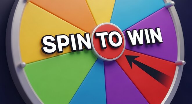 A vibrant 3D wheel game with a Spin to Win text, colorful segments, and a dynamic arrow pointer. Perfect for marketing, promotions, gaming apps, or prize contests.