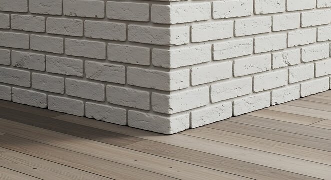 A clean, minimalist corner featuring a white brick wall meeting light wooden planks, ideal for interior design, real estate marketing, and modern home decor projects.