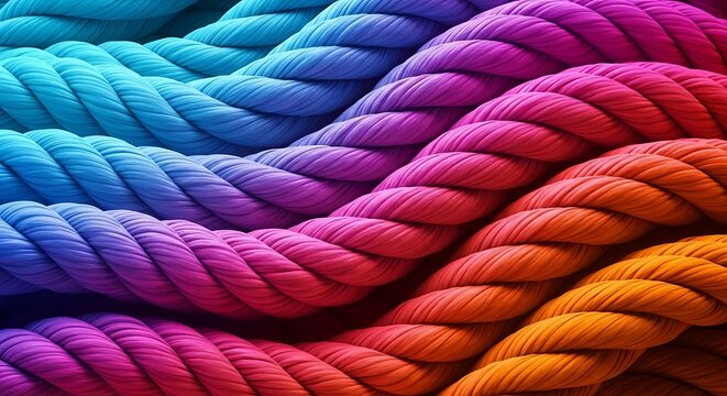 Abstract rainbow rope background featuring colorful twisted fibers and wavy pattern design.