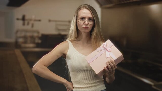 Woman holds pink gift box and points finger forward in a kitchen, hand on hip; firm disapproval confrontation.
