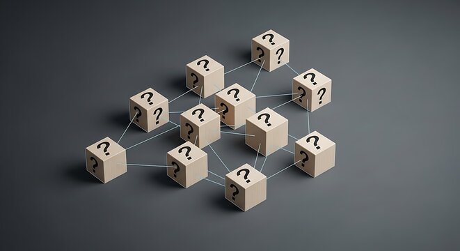 A group of wooden blocks with question marks connected by lines on a gray surface, representing uncertainty, decision making, or problem solving in business or education.