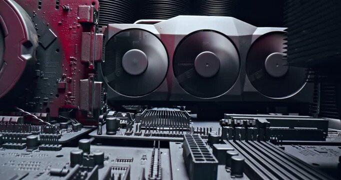 Working graphics card and motherboards with heatsink and fans.