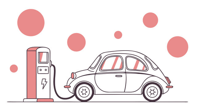  Electric car connected to charging station representing eco transport renewable energy and sustainable mobility concept in modern minimal flat illustration