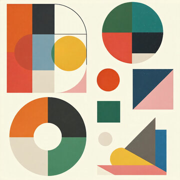 Bauhaus geometric abstract, minimalist shapes, muted retro colors, high-resolution vector.