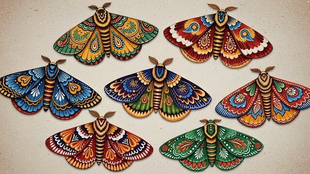 Seven vibrantly colored, intricately patterned moths with decorative wings arranged on a light background, showcasing diverse designs.