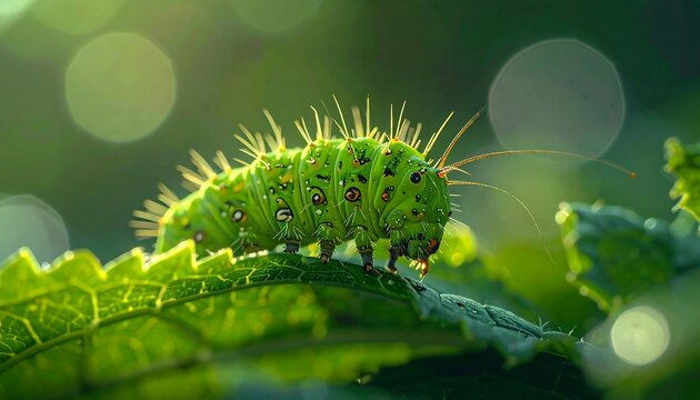 Green Caterpillar on Leaf Macro Photography.