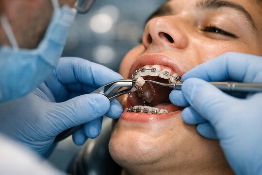 Orthodontist Performing Dental Extraction on Young Patient with Braces for Teeth Alignment Treatment