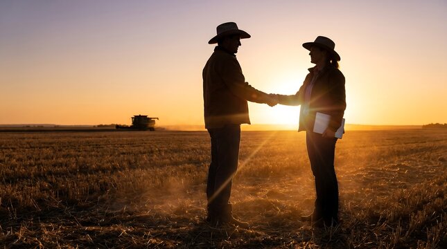 Two professional farmers wearing hats shake hands while standing firmly on the dry ground during a golden hour meeting about crop production.