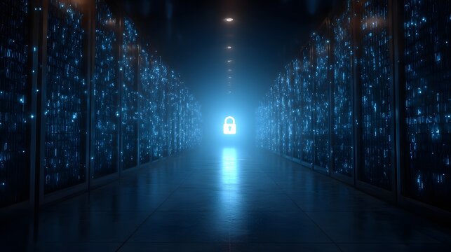 A futuristic tunnel representing the flow of encrypted data and digital connectivity highlighted by a glowing padlock symbol