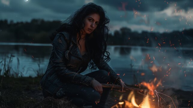 Photorealistic cinematic shot of a powerful modern witch on a remote riverbank at twilight. She has long, wavy, wind-swept dark hair. 