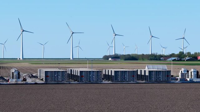 Aerial view on battery energy storage system for renewable power plant and wind turbines. Industrial lithium batteries facility for clean electricity grid management and sustainable technology infrast