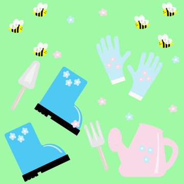 Blue rubber boots, gloves, garden tools, bees, and flowers on a green background. Vector illustration