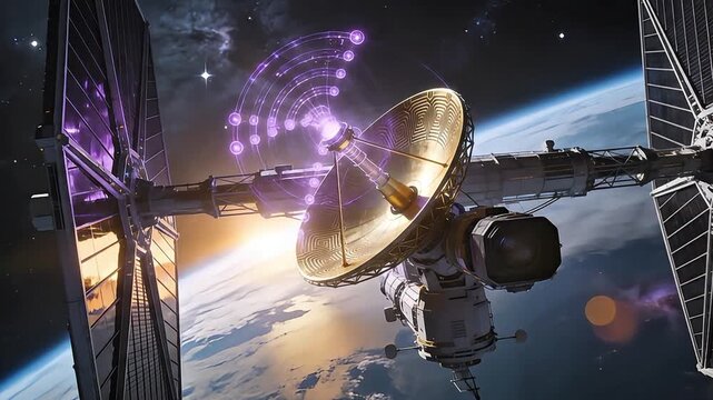 Futuristic Space Station with Golden Satellite Dish Transmitting Signal in Earth Orbit at Sunrise