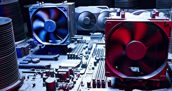 Working graphics card on motherboards with fans on heatsink.