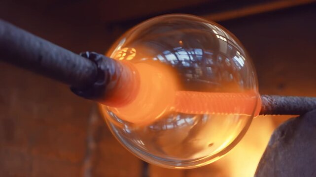 Glassblower shaping molten glass into a spherical form using a blowpipe in a workshop with glowing furnace and tools visible in the background