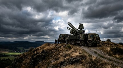 Fototapeta premium Anti-aircraft defense system positioned on hilltop, cloudy sky, high contrast
