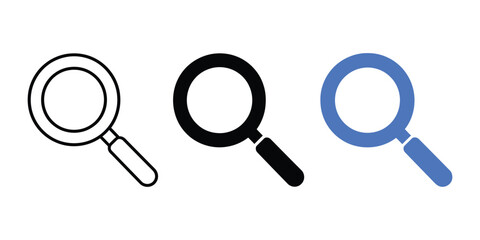 Magnifying glass icon in outline black blue with search tool research illustration handheld examination analysis © Julhash