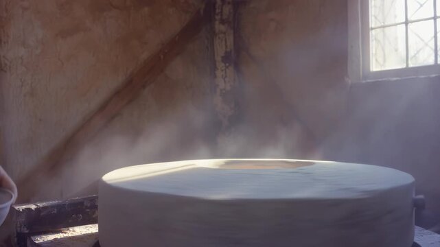 Male artisan in dark clothing pours flour from a bowl into a stone mill, creating a cloud of dust in a rustic workshop with natural light streaming through the window