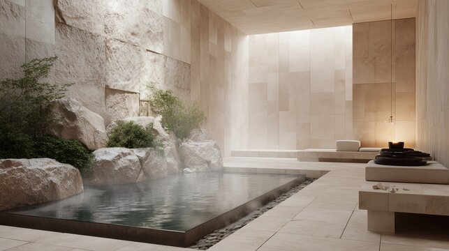Tranquil Spa Hydrotherapy Room with Warm Stone Surfaces and Soft Lighting