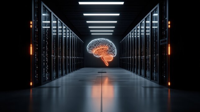AI compute in data center with glowing neural brain, artificial intelligence infrastructure and machine learning concept