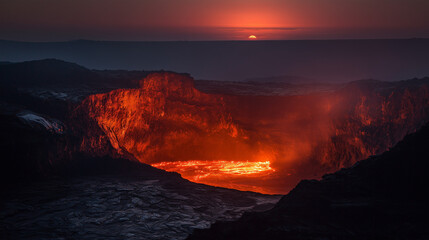 Fototapeta premium A fiery volcano crater glows under a dusky sky with a setting sun on the horizon at twilight