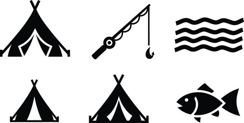 Fishing and native american life silhouette icon set vector illustration © HAFIJA KHATUN