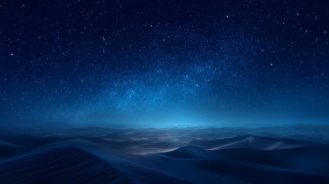 A serene nightscape featuring a star filled sky over a landscape of soft rolling hills in blue hues