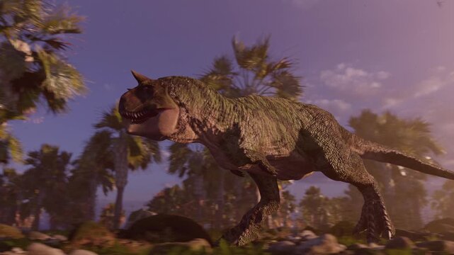 Cinematic 3D animation of a Carnotaurus dinosaur running on the prehistoric landscape