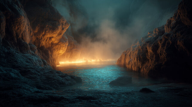 A serene view of water between rocky cliffs illuminated by a warm light source in the distance