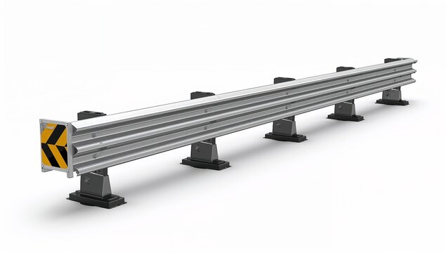 Silver highway guardrail system with black supports and yellow chevron marker 3d render high quality professional