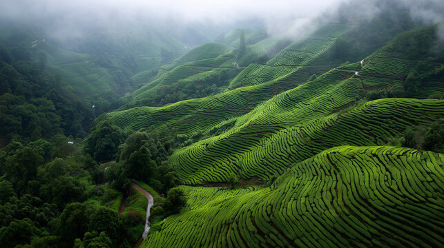 Aerial view of green tea plantations on rolling hills under a misty sky in cameron highlands area