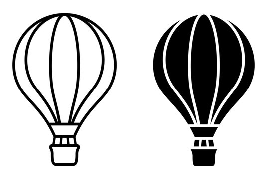 Hot air balloon icon set with balloon, travel, flight, air, tourism, adventure, transport, aviation symbols. Outline and glyph style isolated collection for app, web, map, logo use.